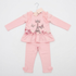A pink two-piece baby girl's outfit set consisting of a long-sleeve top and matching leggings, displayed on a white hanger against a white background. The top features ruffle details, a central Eiffel Tower graphic with a bow, butterflies, and 3D fabric roses, with matching bows on the legs.
