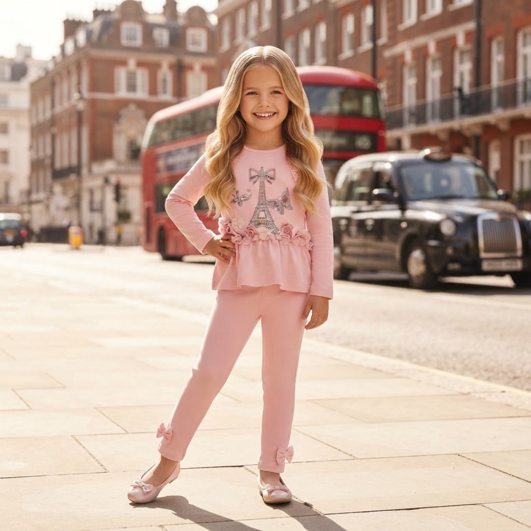A young girl stands on a city sidewalk wearing a light pink two-piece outfit with a long-sleeve top featuring a grey Eiffel Tower graphic and ruffle trim, paired with matching pink pants. London street elements, including a red double-decker bus and black cab, are blurred in the background.