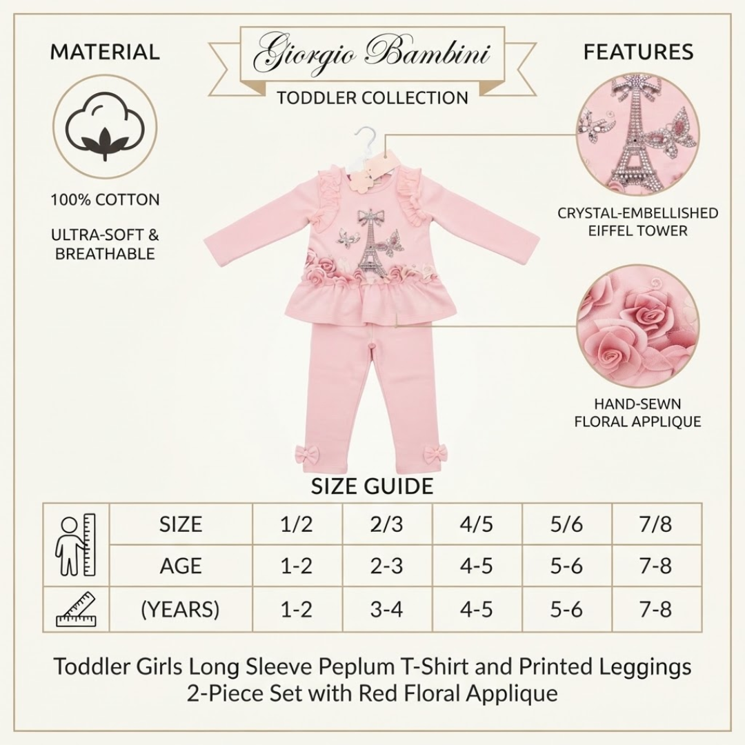 A product information graphic for a toddler girl's two-piece clothing set by Giorgio Bambini. The set is light pink, featuring a long-sleeve peplum T-shirt with a central Eiffel Tower motif and printed floral details, paired with matching printed leggings.