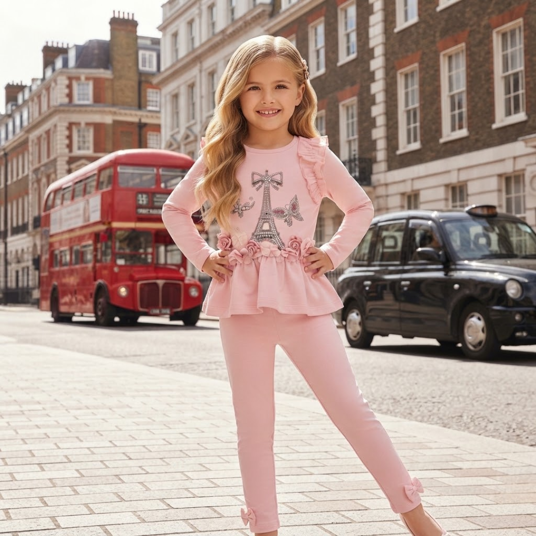 A young girl stands on a city street wearing a light pink two-piece outfit with a long-sleeve top featuring a silver Eiffel Tower graphic and ruffle details, paired with matching pink pants. A red double-decker bus and a black cab are visible in the background.
