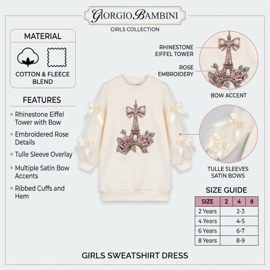 An off-white girls' sweatshirt dress by Giorgio, Bambini featuring a central Eiffel Tower embellishment with rhinestones, bow accents on the sleeves, and an embroidered rose detail. The image includes informational callouts, a material and features list, and a size guide table.