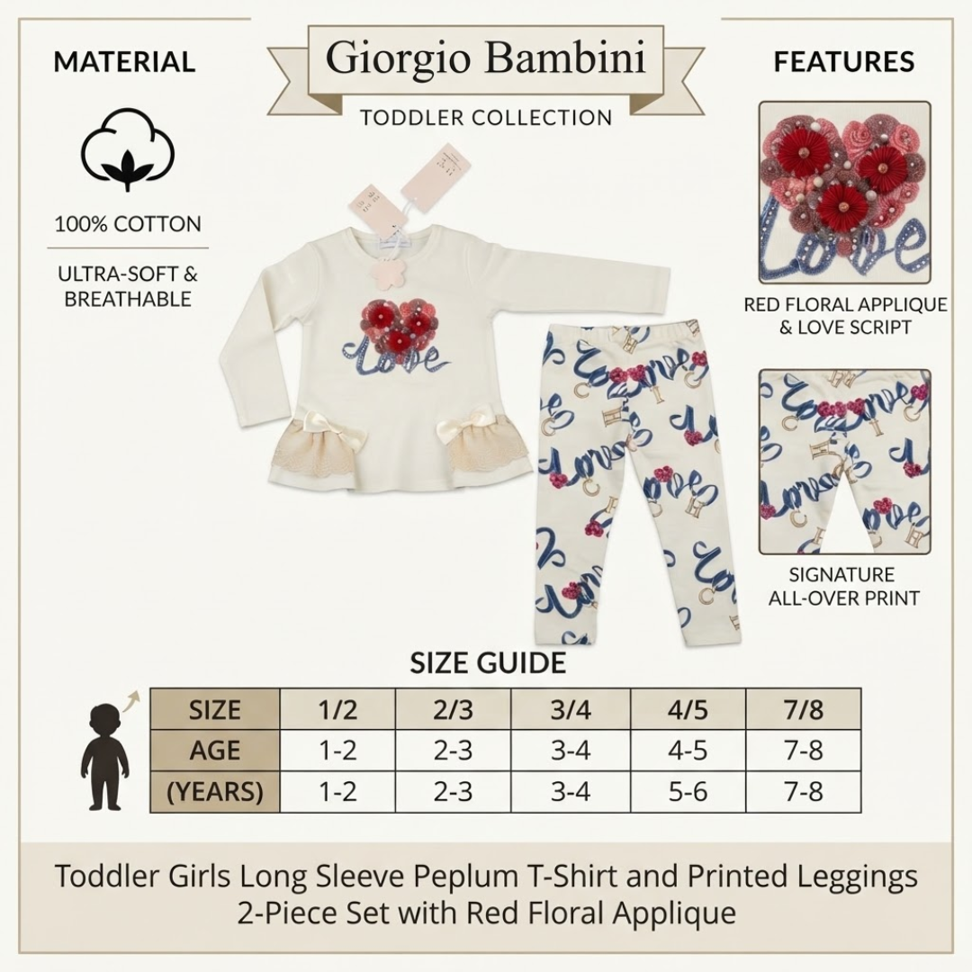 A toddler girl's two-piece clothing set by Giorgio Bambini, featuring a long-sleeve cream T-shirt with a red floral 'Love' applique and matching printed leggings. The image includes product details, a size guide table, and feature callouts on a light beige background.