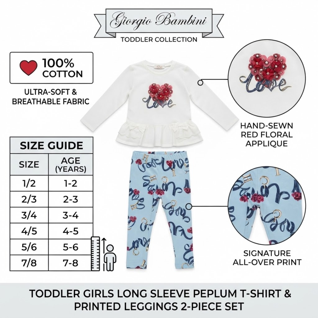 A two-piece children's outfit set consisting of a black long-sleeve sweatshirt with a heart pattern and matching black sweatpants, displayed on a wooden hanger against a white background.
