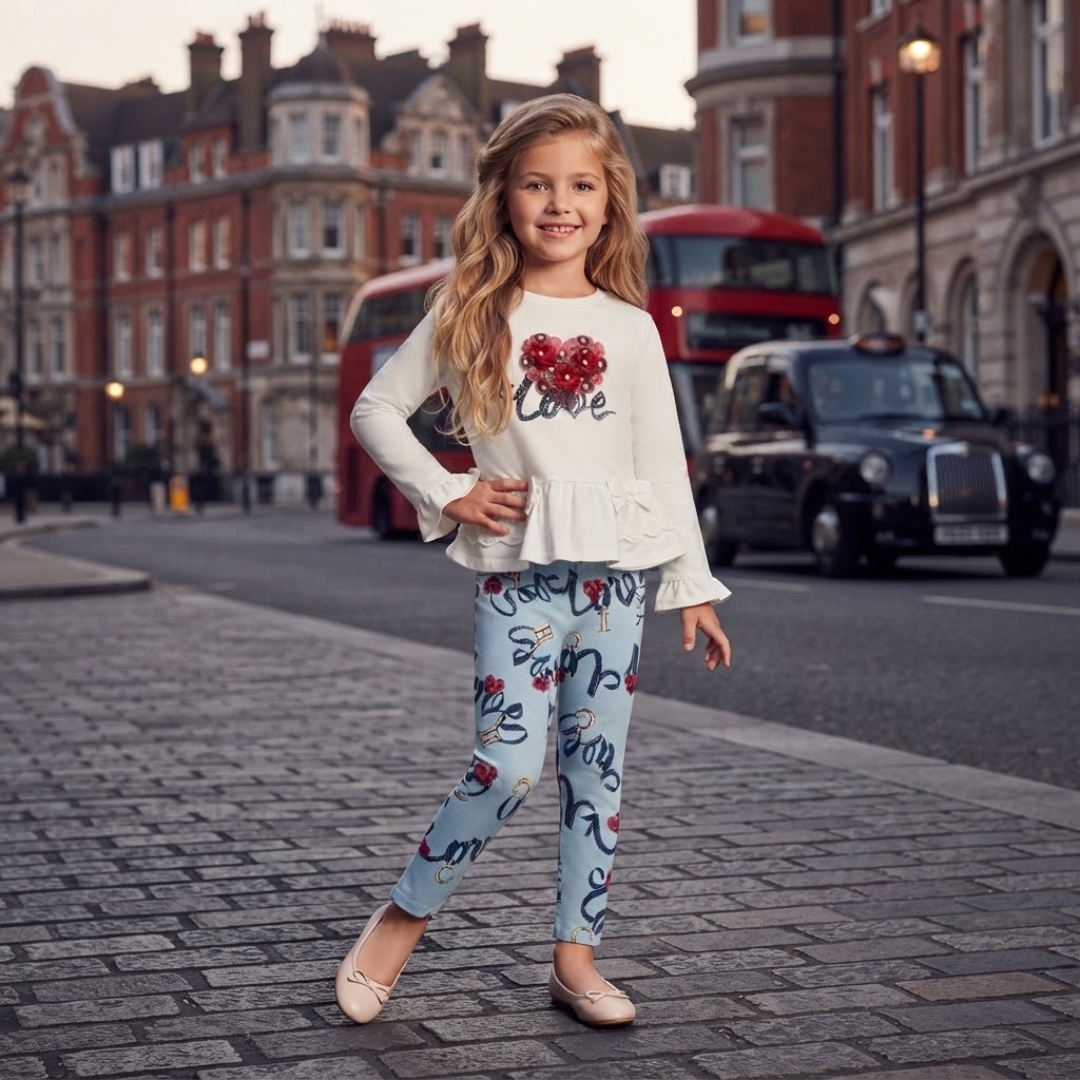 A young girl stands on a cobblestone street in London, wearing a white long-sleeve top with a red glittery heart and the word 'Love' on the front, paired with light blue leggings featuring a red and black script and heart pattern. Red double-decker buses and black cabs are visible in the background.