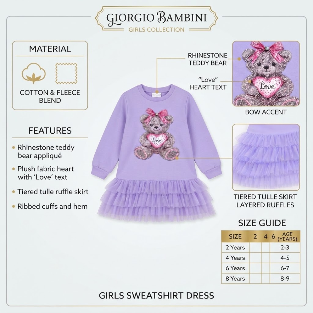 A product infographic for a Gioriio Bambini girls sweatshirt dress in lavender. The main product is a lavender long-sleeve sweatshirt with a tiered ruffle skirt, featuring a teddy bear applique and a heart with 'Love' text.