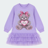 A children's lavender long-sleeve dress with a ruffled tulle skirt and a large rhinestone teddy bear graphic on the front holding a pink heart that says 'Love'.