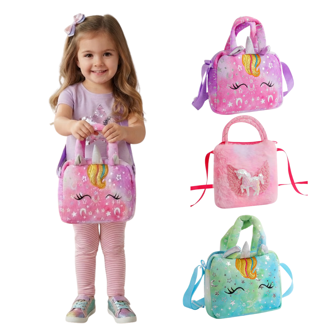 A young girl stands on the left holding a pink unicorn-themed school bag, with three additional views of the same bag on the right. The bags are pink, purple, and blue-green, all decorated with a unicorn face, closed eyelashes, and rainbow accents.