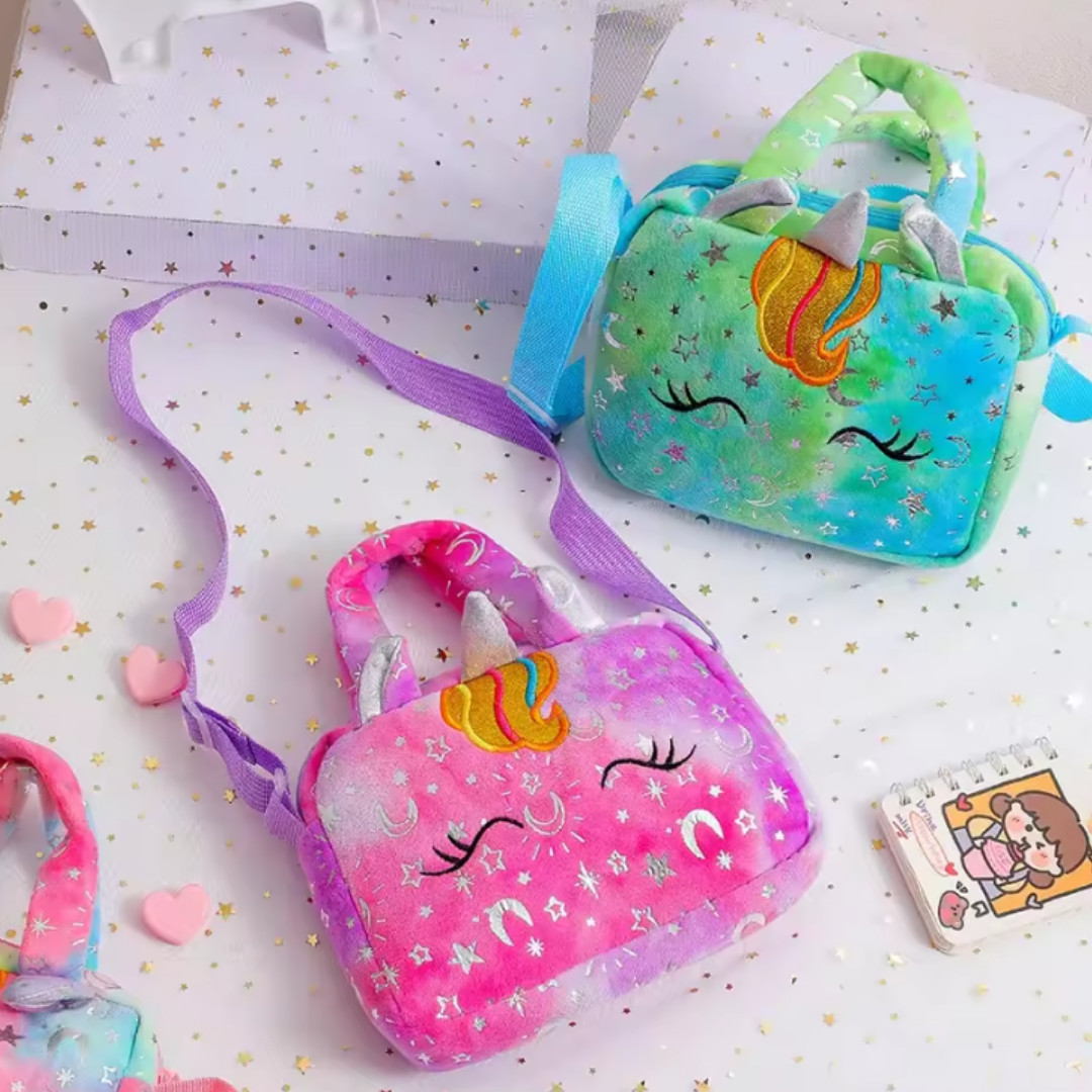 Pink and green Girl's Plush Unicorn Satchel Bag