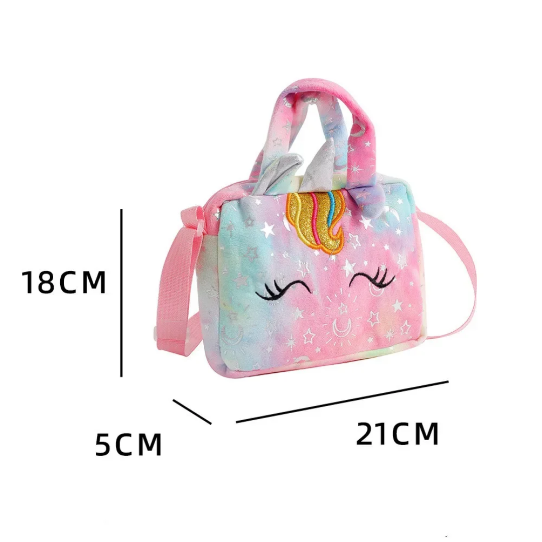 Children's bag with unicorn design and measurements on a white background