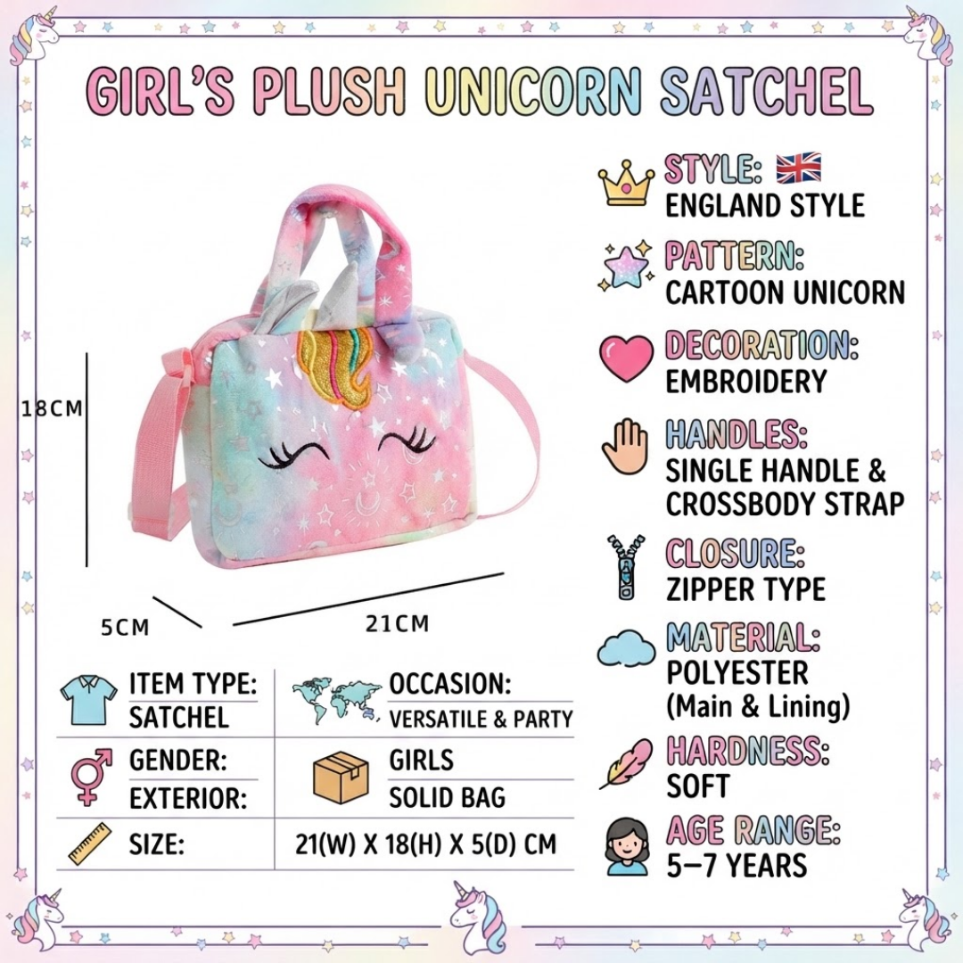 Infographic picture of Girl's Plush Unicorn Satchel Bag