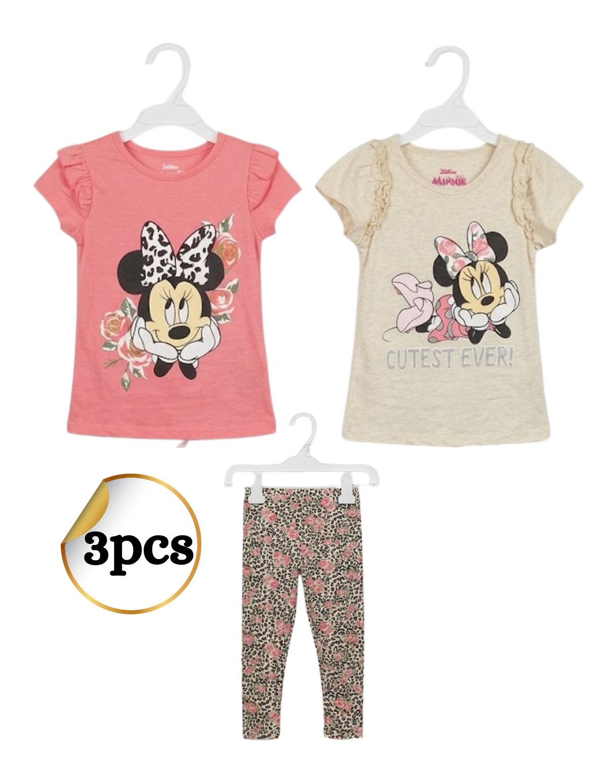Three-piece children's outfit with Minnie Mouse design on a white background