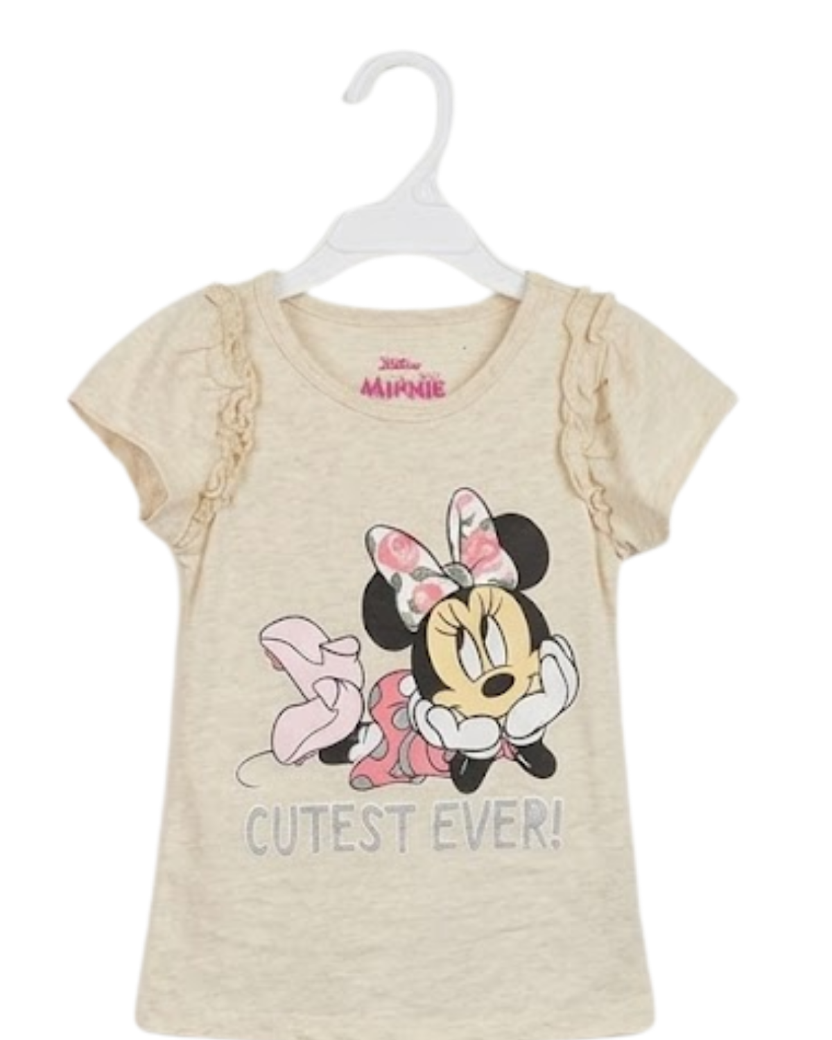 Beige t-shirt with Minnie Mouse design on a white background