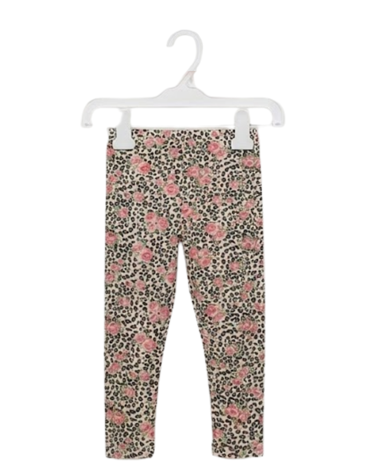 Floral-patterned leggings on a white hanger against a white background