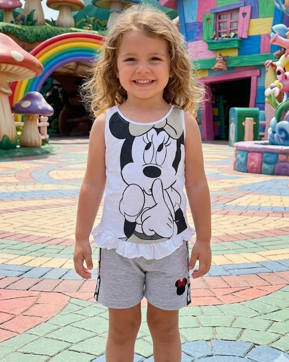 Child wearing a Minnie Mouse tank top in front of colorful, cartoon-like background
