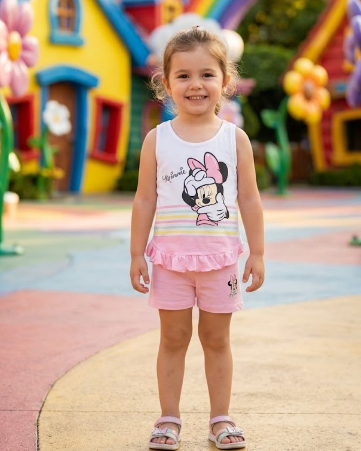 Young girl in a Minnie Mouse outfit standing in front of colorful playground equipment.