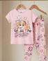 Pink children's pajama set with cartoon character and 'Girl Pup Power' text on a beige background.