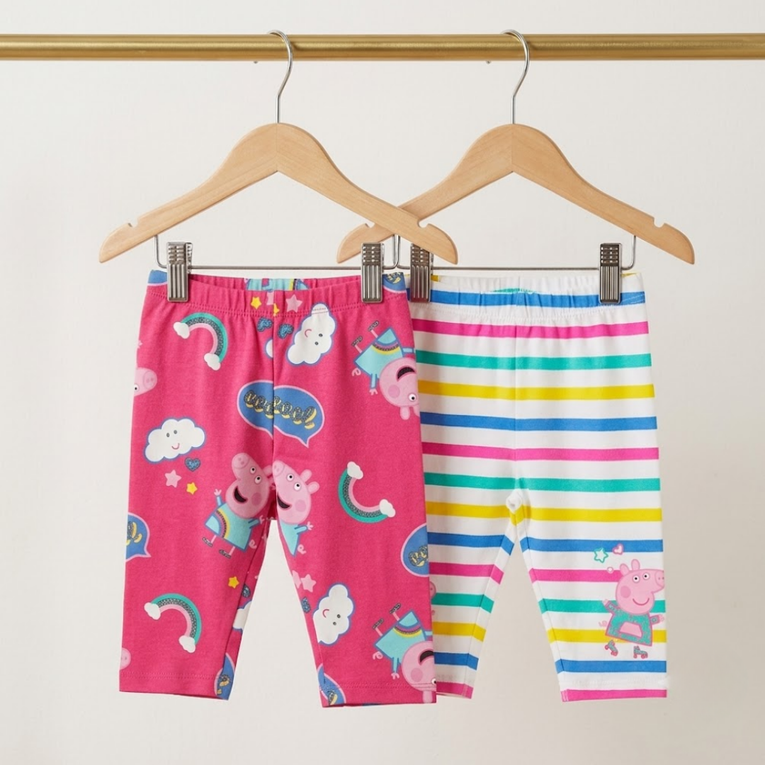 Two pairs of children's leggings on hangers against a white background