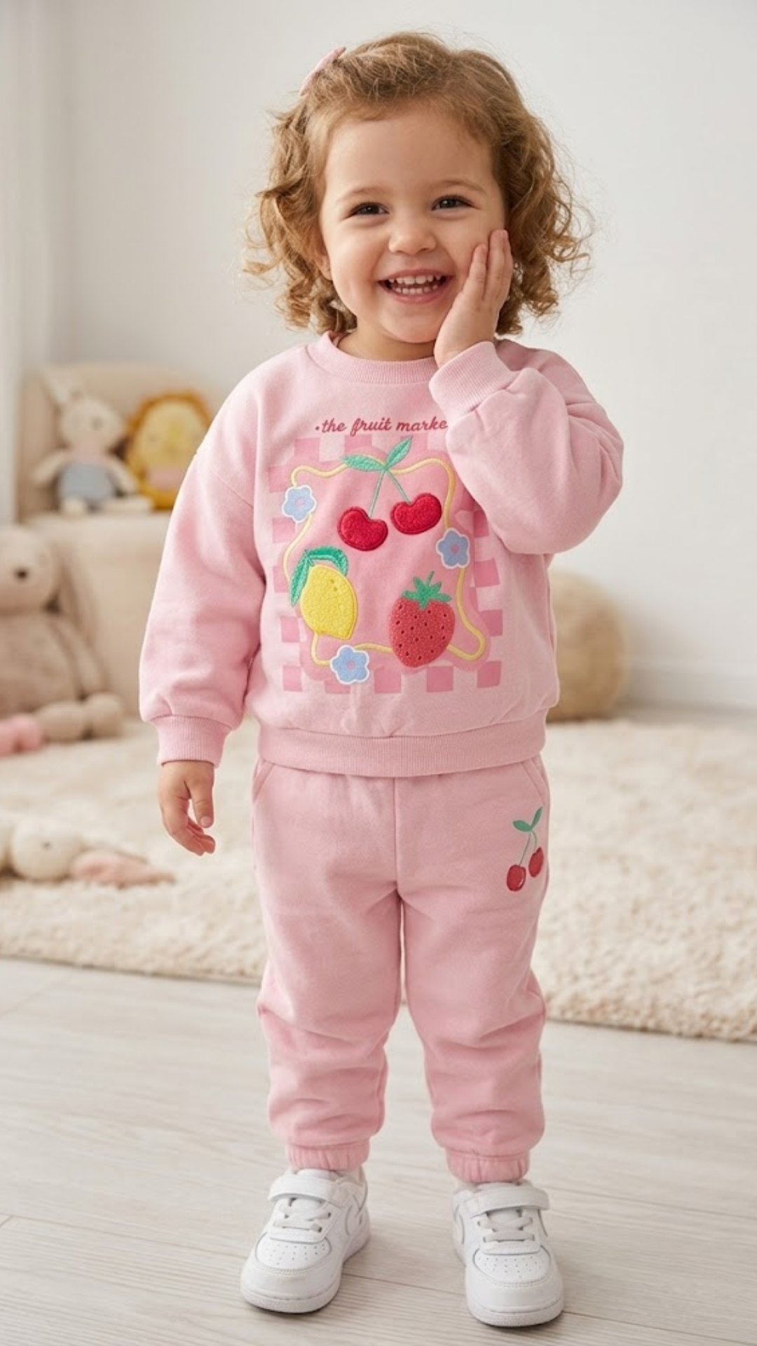 Child wearing a pink outfit with colorful graphics in a cozy room.
