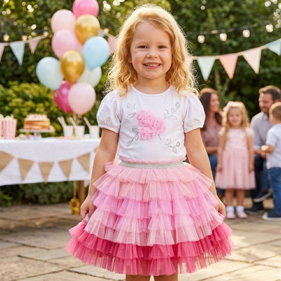 Young girl in a pink and white dress standing outdoors with balloons and people in the background
