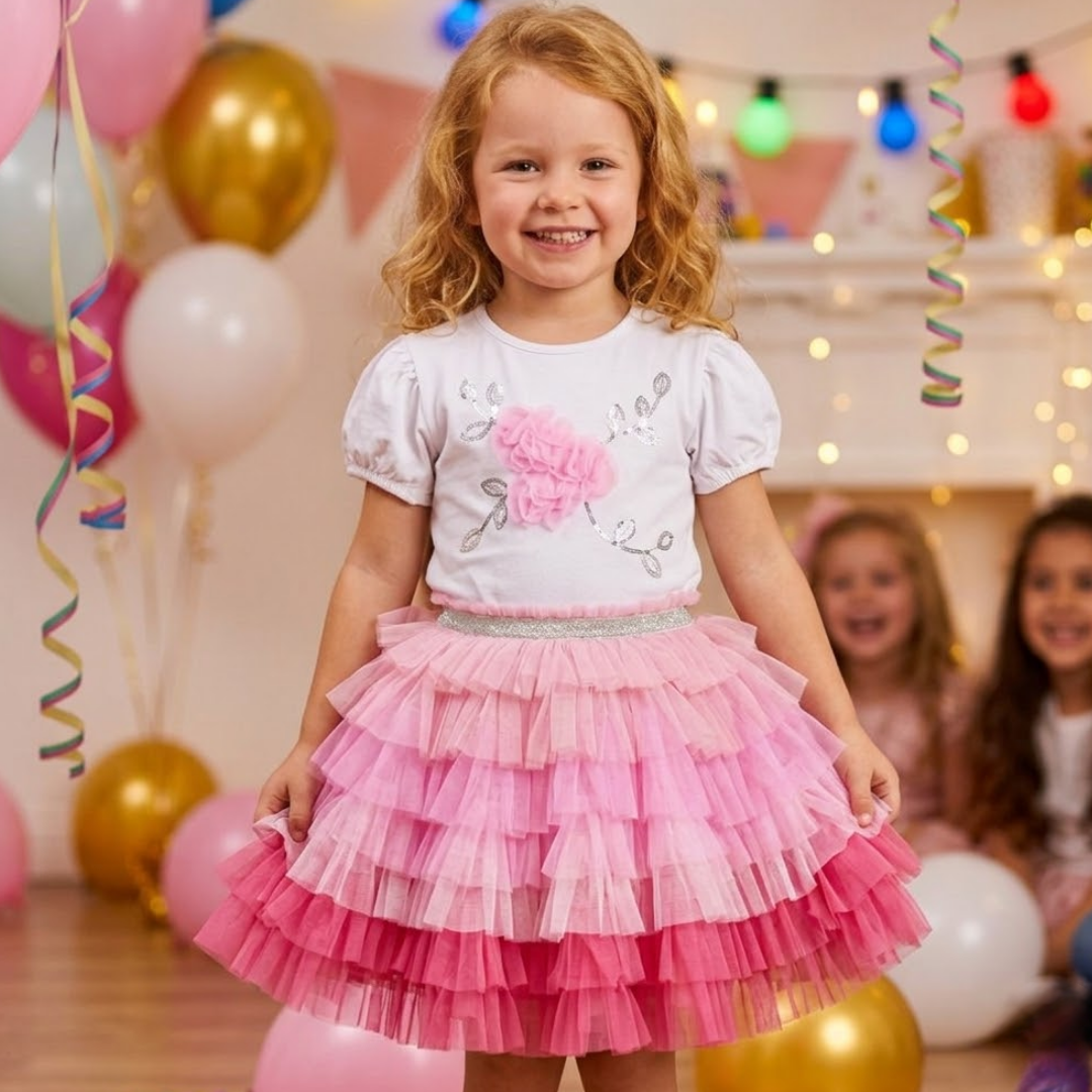 Young girl in a pink skirt and white top standing in a festive room with balloons and decorations.