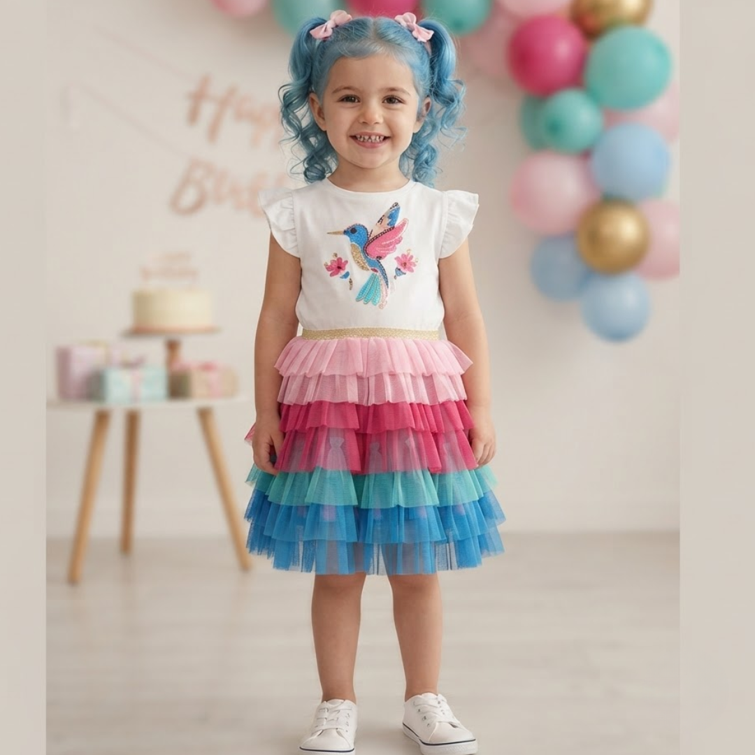 A young girl with blue hair in pigtails stands smiling in a party setting, wearing a white ruffle-sleeve dress with a colorful bird graphic on the chest and a tiered tulle skirt in pink, magenta, and blue.