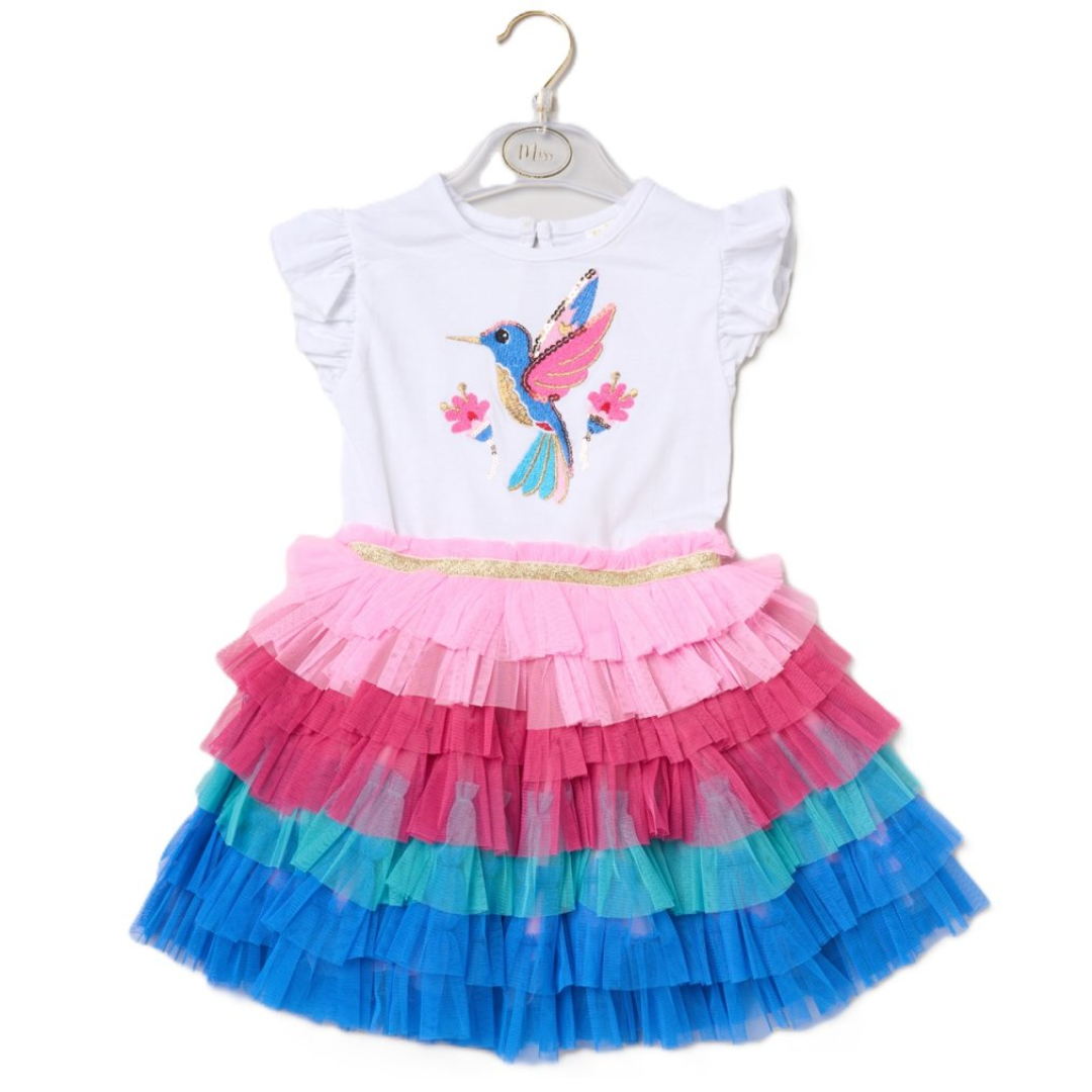 A toddler girl's dress on a hanger, featuring a white short-sleeve top with a colorful hummingbird and flower graphic, paired with a tiered ruffled tutu skirt in pink, magenta, and blue.