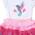 A baby girl's white t-shirt with a colorful embroidered hummingbird and pink sequins, paired with a tiered pink tutu skirt featuring a gold glitter waistband.