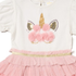 A baby girl's short-sleeve dress featuring a white top with a pink and gold unicorn face applique, and a tiered pink ruffled tutu skirt with a glittery gold waistband.