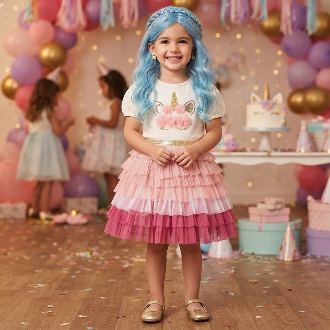 A young girl stands in a decorated party room wearing a white unicorn-themed t-shirt and a tiered pink and white ruffled skirt. She has long, wavy blue hair and is smiling.
