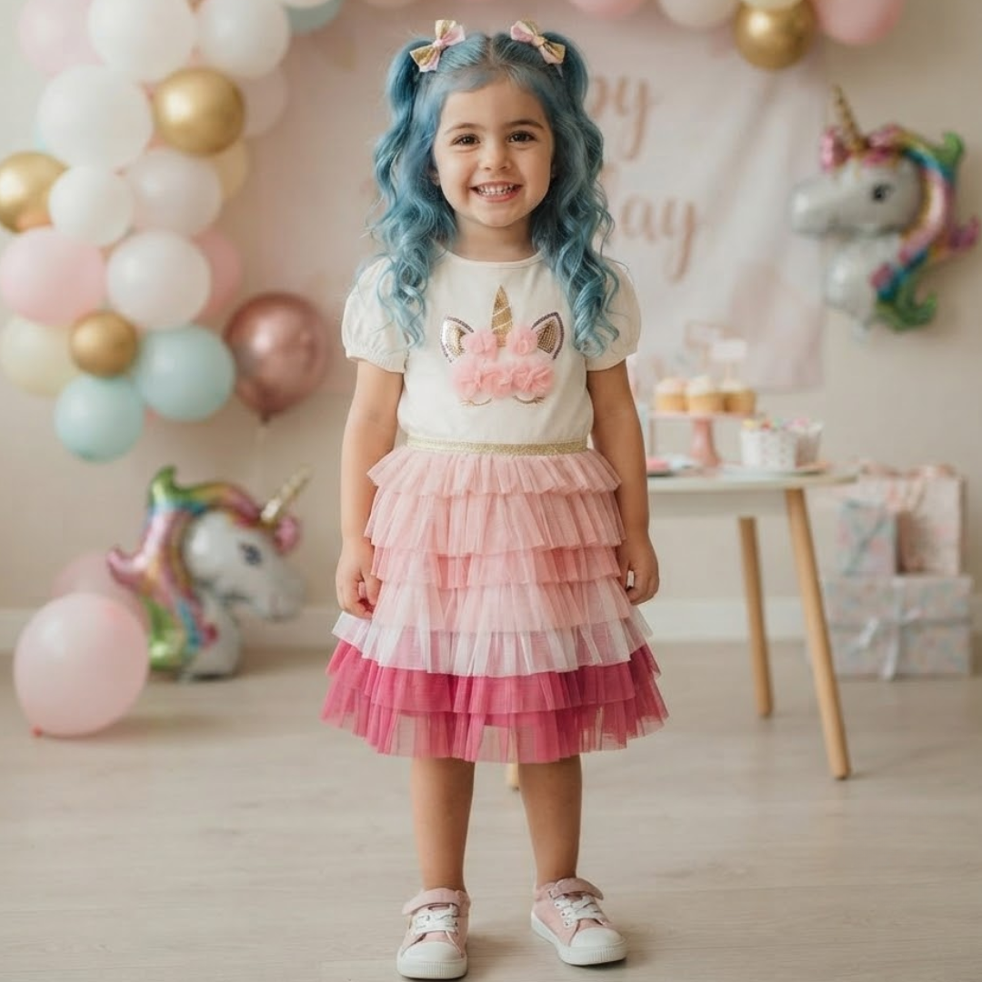 A young girl with blue pigtails stands smiling in a pastel party setting, wearing a white short-sleeve top with a unicorn face graphic and a layered pink tulle skirt.