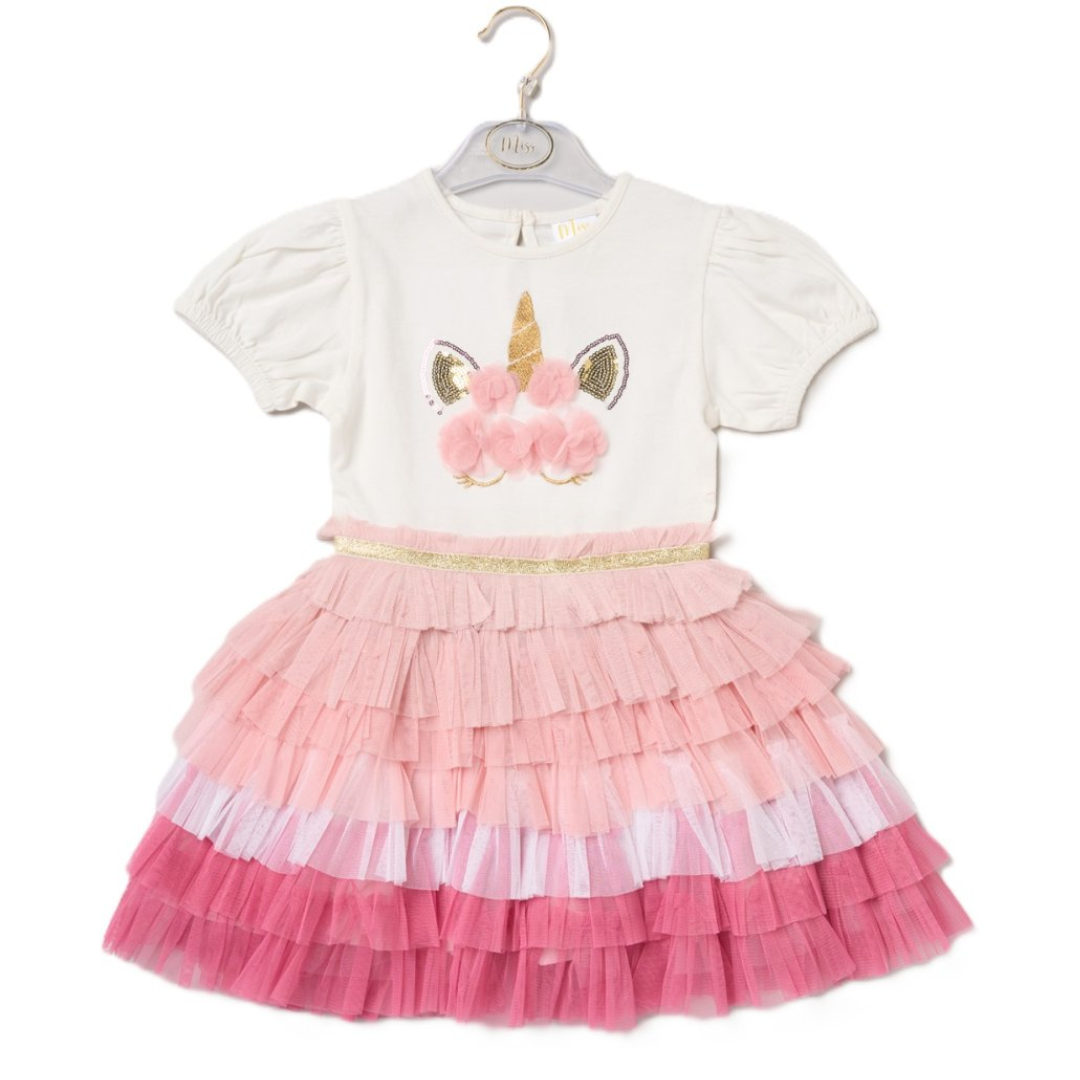 A toddler girl's two-piece dress set on a hanger, featuring a white short-sleeve top with a sequined unicorn head patch and a tiered pink and white ruffled tutu skirt.