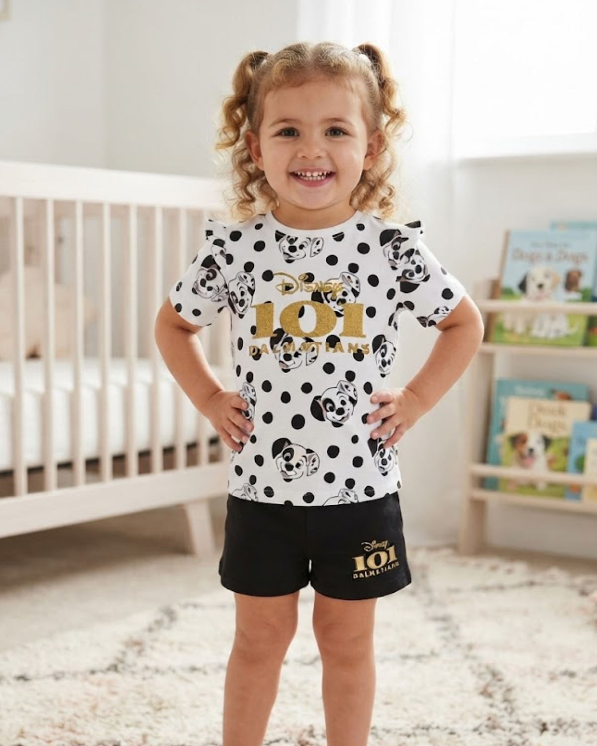 A young girl with curly blonde hair in pigtails stands in a nursery wearing a white short-sleeve t-shirt and black shorts. The t-shirt features black polka dots, cartoon character prints, and gold 'Disney 101 Animal Kingdom' text.