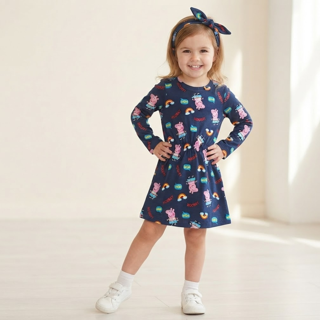 A young girl stands with hands on hips wearing a navy blue long-sleeve dress with a colorful cartoon character print, a matching navy bow headband, and white sneakers in a bright, minimalist indoor setting.