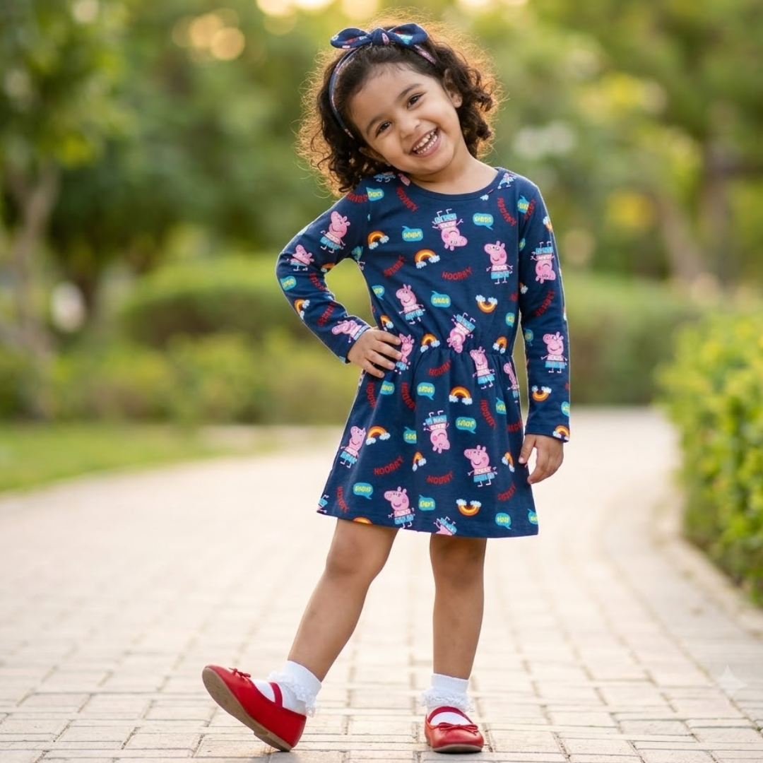A young girl smiling and posing on a paved path outdoors, wearing a navy blue long-sleeve dress with a colorful cartoon character print, white socks, and red shoes.