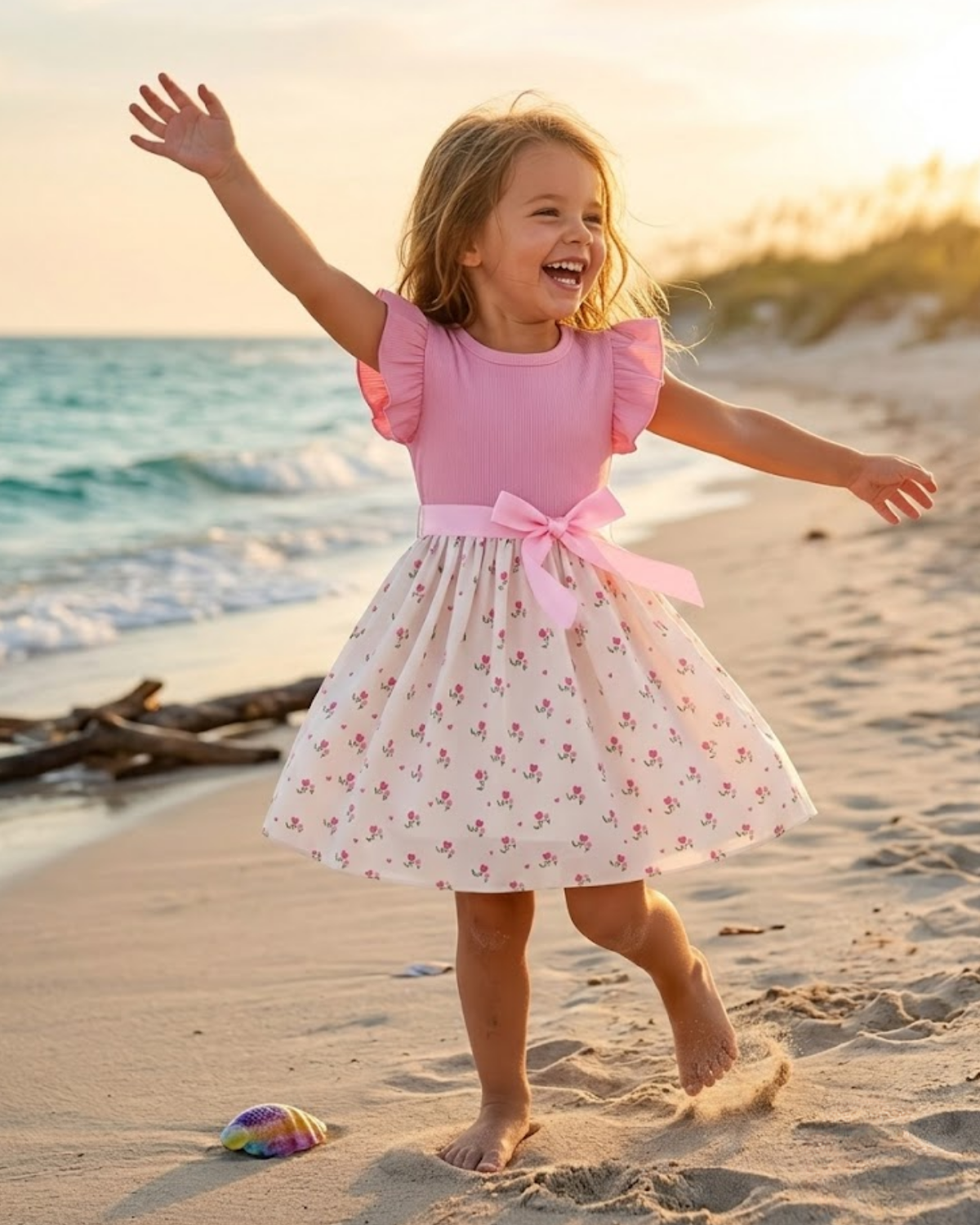 Young girl in a pink dress playing on a sandy beach with ocean in the background