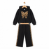 A two-piece kids' outfit set consisting of a black cropped hoodie with a leopard-print butterfly graphic on the chest and matching black pants with leopard-print side stripes, displayed on a wooden hanger against a white background.