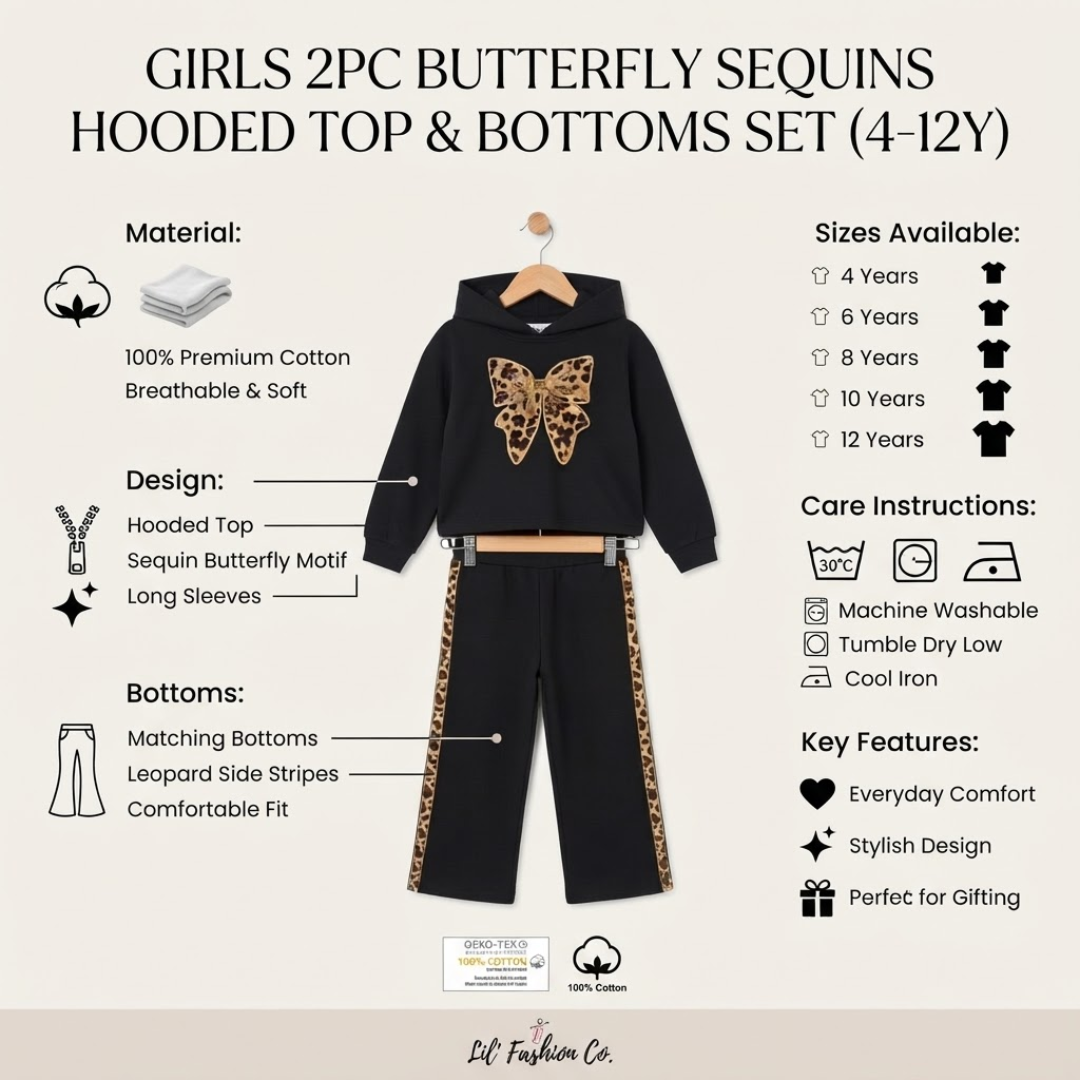 A girls' two-piece sequin outfit set displayed on a hanger against a light beige background, with text callouts detailing the hoodie and matching bottoms. The set includes a black hooded top with a large gold sequin butterfly motif on the chest and matching black bottoms with leopard-print side stripes.