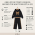 A girls' two-piece sequin outfit set displayed on a hanger against a light beige background, with text callouts detailing the hoodie and matching bottoms. The set includes a black hooded top with a large gold sequin butterfly motif on the chest and matching black bottoms with leopard-print side stripes.