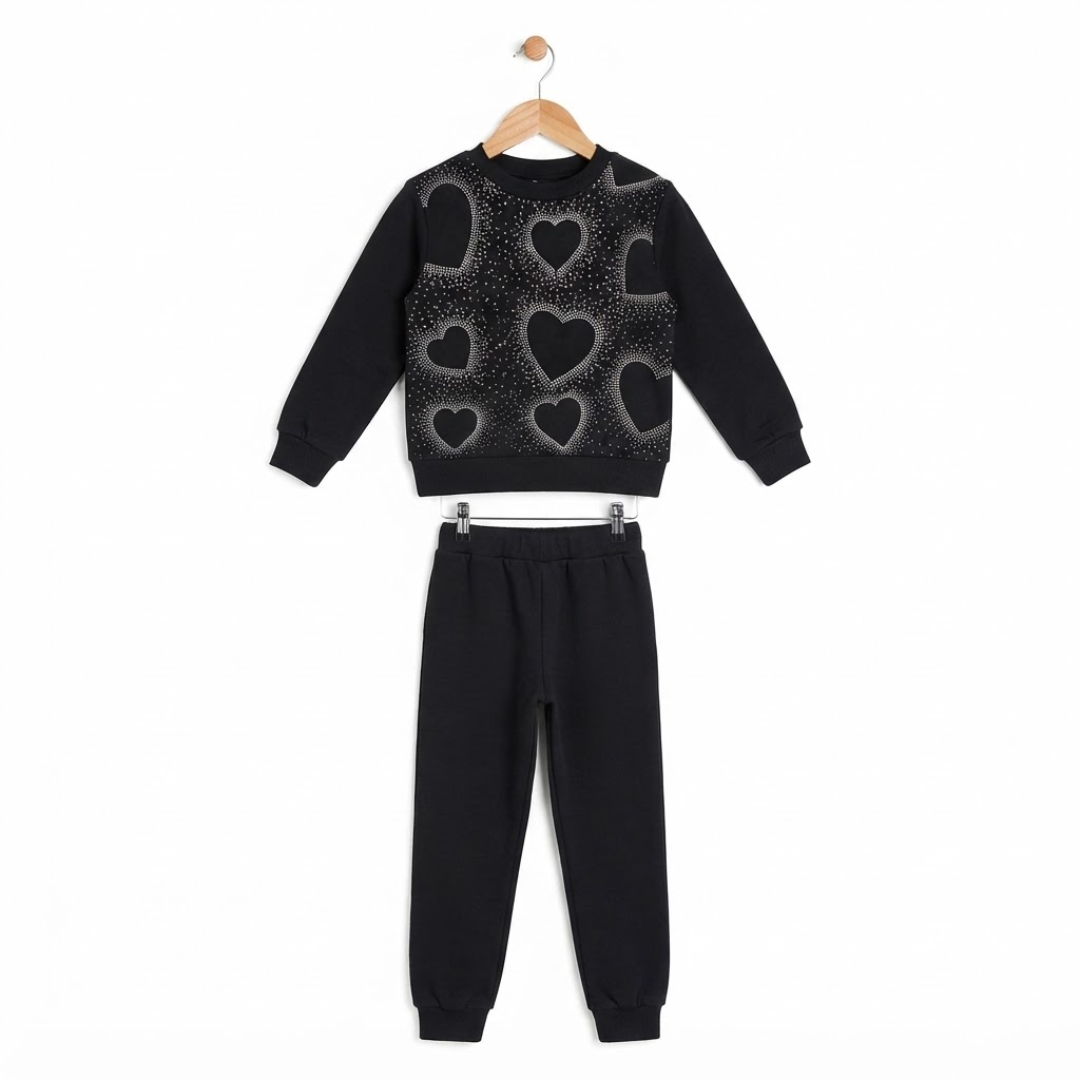 A two-piece children's outfit set consisting of a black long-sleeve sweatshirt with a heart pattern and matching black sweatpants, displayed on a wooden hanger against a white background.