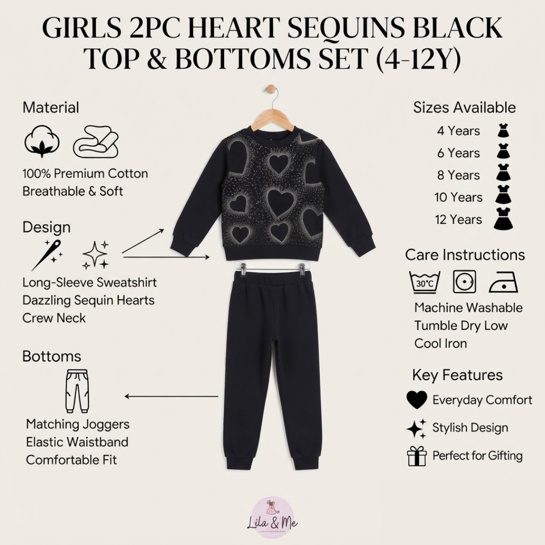 A girls' two-piece heart sequin sweatshirt and jogger set in black, shown on a hanger with matching joggers. The image includes text callouts for material, design, bottoms, sizes, care instructions, and key features on a light beige background.