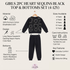 A girls' two-piece heart sequin sweatshirt and jogger set in black, shown on a hanger with matching joggers. The image includes text callouts for material, design, bottoms, sizes, care instructions, and key features on a light beige background.
