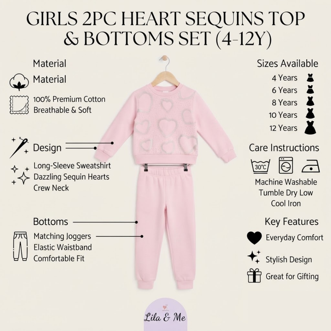 A girls' two-piece sequin outfit set in light pink, featuring a long-sleeve sweatshirt and matching joggers, shown on a hanger against a light beige background with product details and text overlays.