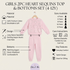 A girls' two-piece sequin outfit set in light pink, featuring a long-sleeve sweatshirt and matching joggers, shown on a hanger against a light beige background with product details and text overlays.