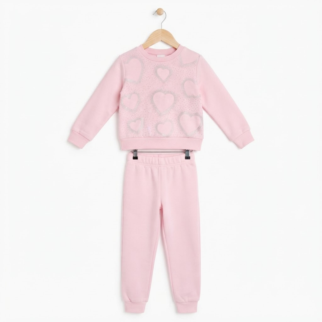 A two-piece children's sweatshirt and jogger set in light pink, hanging on a wooden hanger against a plain white background. The sweatshirt features a textured knit pattern of hearts in various shades of pink, and the matching joggers have an elastic waistband with small black clips.