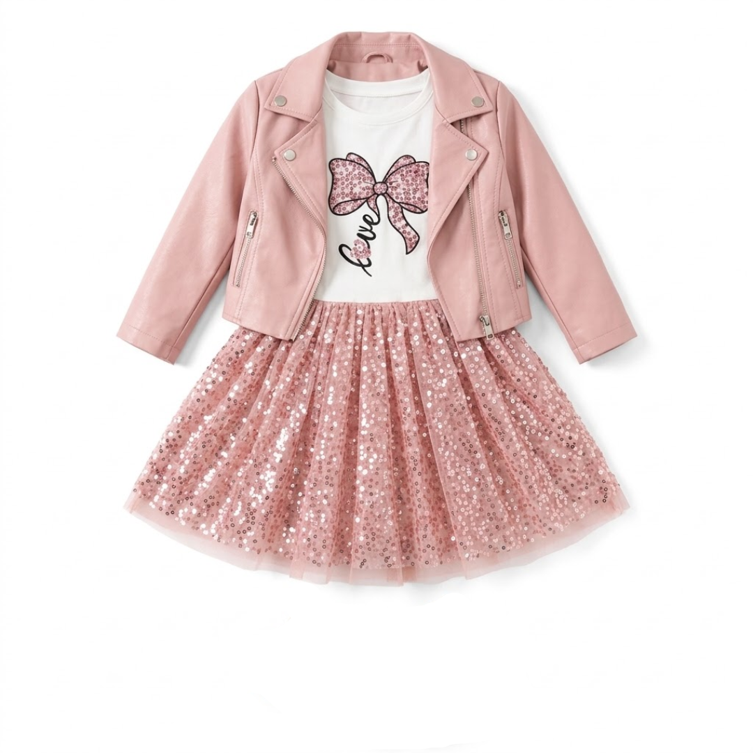 A toddler girl's outfit set featuring a light pink faux-leather moto jacket, a white graphic t-shirt with a pink sequin bow, a matching pink sequined tutu skirt, and a pair of cream ankle boots, laid out on a white background.