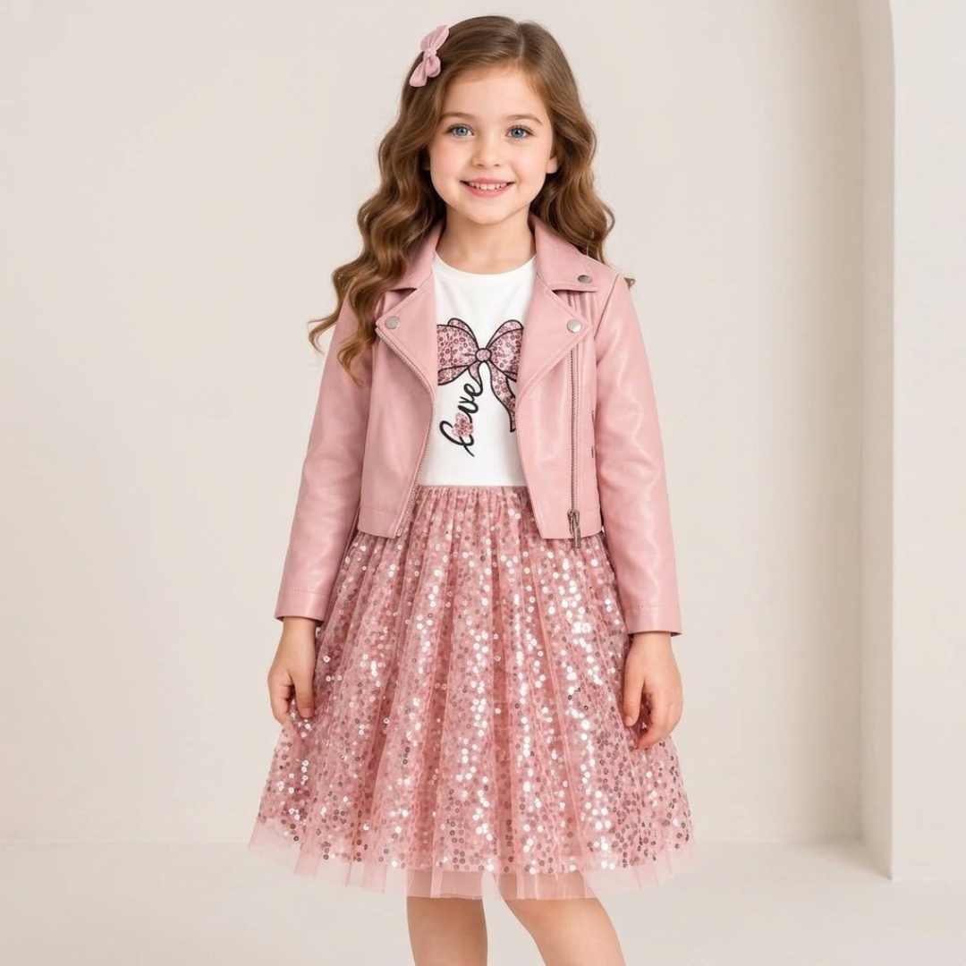 A young girl with long wavy brown hair wearing a pink faux-leather moto jacket, a white graphic t-shirt, and a pink sequined tulle skirt, standing against a plain beige studio background.