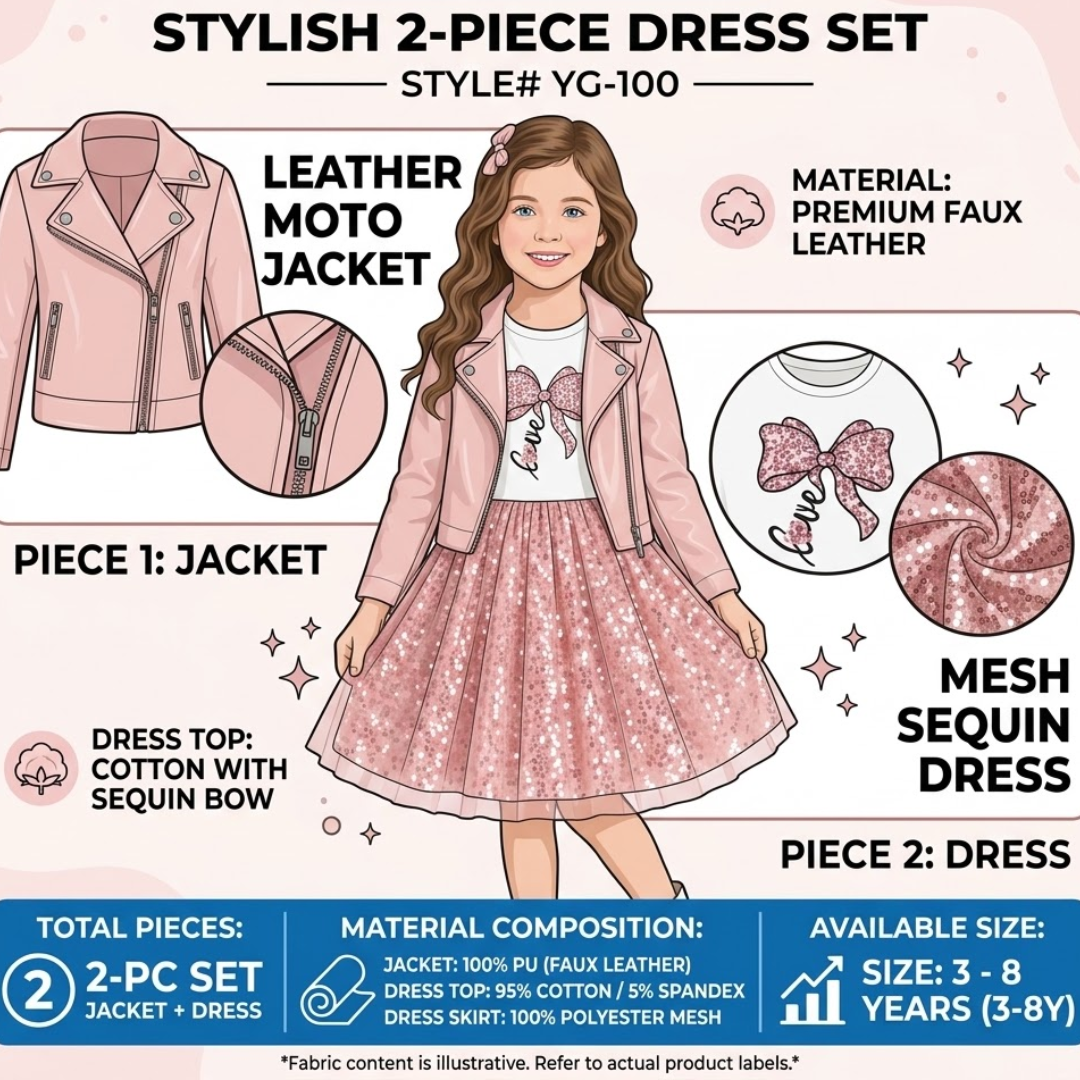 A pink 2-piece dress set illustrated on a girl, with labeled components including a faux leather moto jacket and a sequined dress top and skirt. The graphic includes material callouts, a mesh sequin detail, and size information on a light pink background.