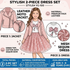 A pink 2-piece dress set illustrated on a girl, with labeled components including a faux leather moto jacket and a sequined dress top and skirt. The graphic includes material callouts, a mesh sequin detail, and size information on a light pink background.