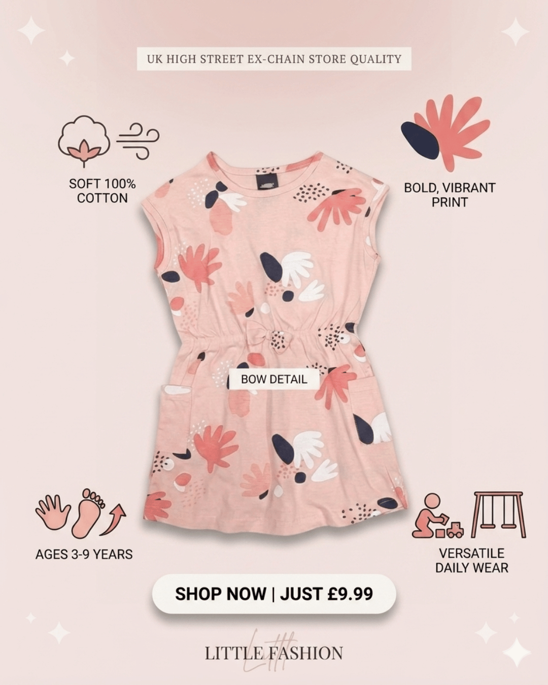 Pink floral dress with text describing features and price on a light pink background