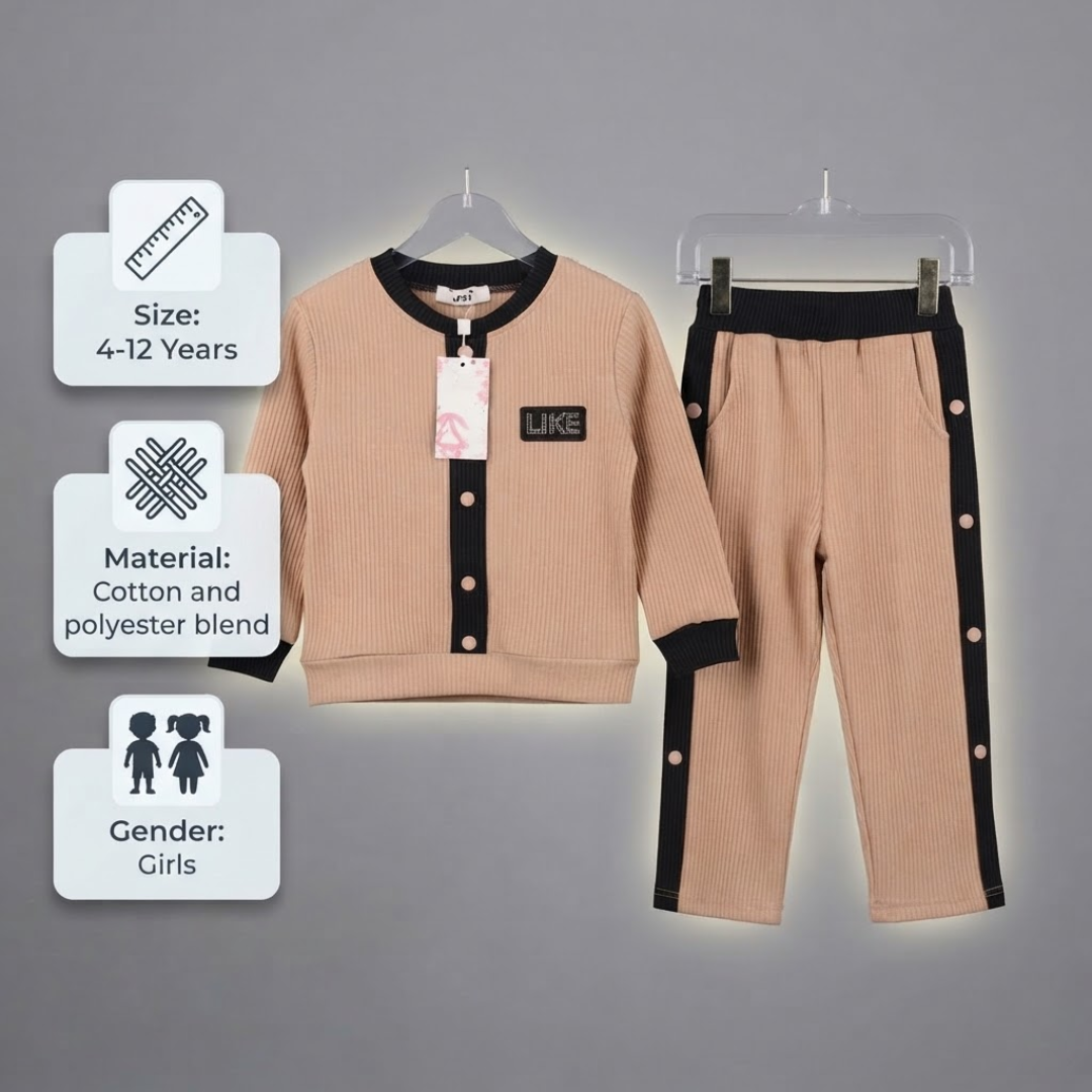 A children's two-piece clothing set displayed on hangers against a gray background, featuring a beige cardigan-style top with black trim and matching beige pants with black side panels. Three informational badges on the left specify size (4-12 Years), material (Cotton and polyester blend), and gender (Girls).